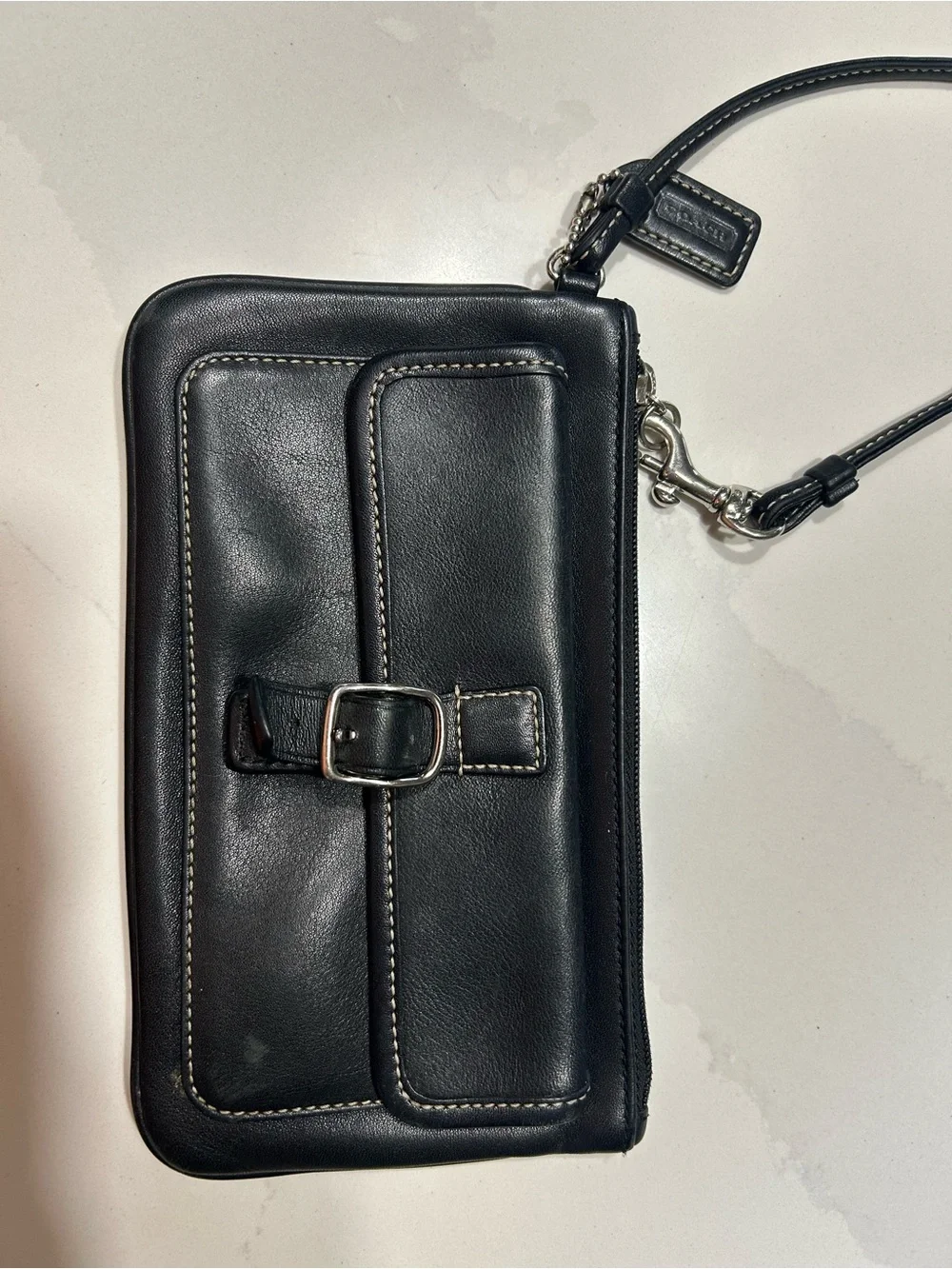 Coach Black Leather Clutch Wristlet with Front Buckle Pocket